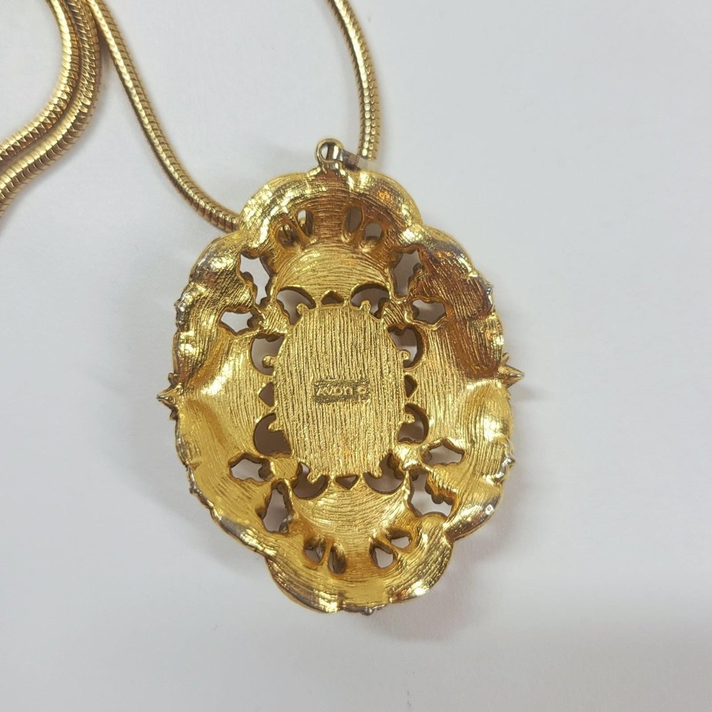 Vintage Avon Pink Cabochon Faux Pearl Pendant Necklace Gold Tone 30" Granny Core - Picture 7 of 8